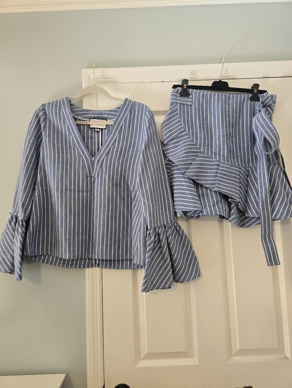 Alexis Blue and White Striped Wrap Ruffle Top And Skirt Set